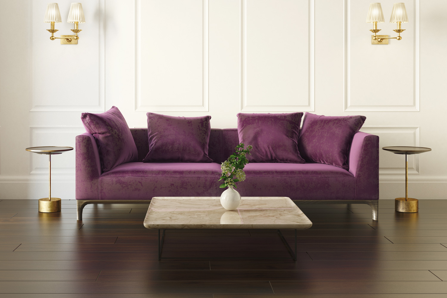 Rendering of a Modern chic classic luxury white European interior with violet velvet sofa