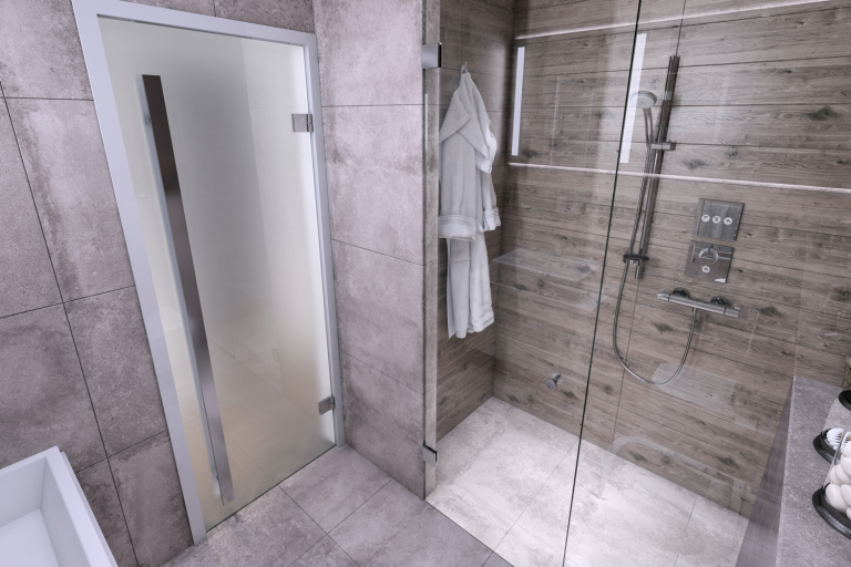 Small bathroom interior with sink and glass door shower with concrete textured walls and floor - Should You Insulate Interior Shower Walls [And How To]
