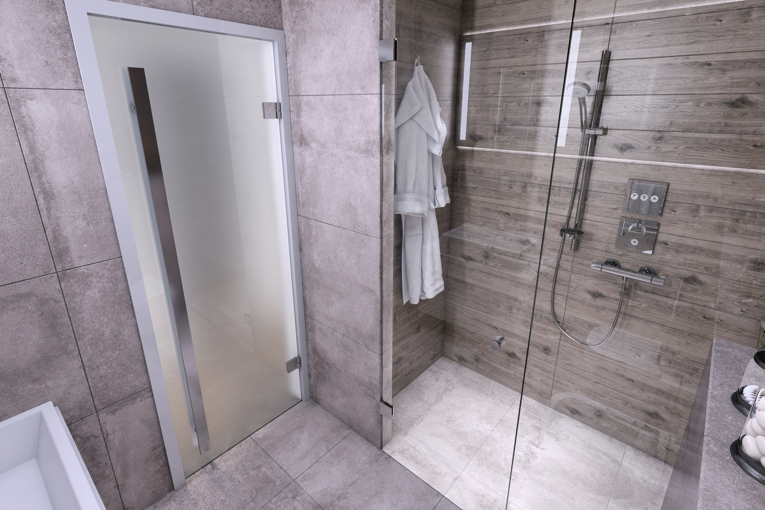 Small bathroom interior with sink and glass door shower with concrete textured walls and floor.