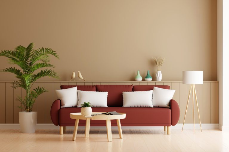 Sofa in brown living room interior with free space for mockup - What Colors Go With Caramel Walls