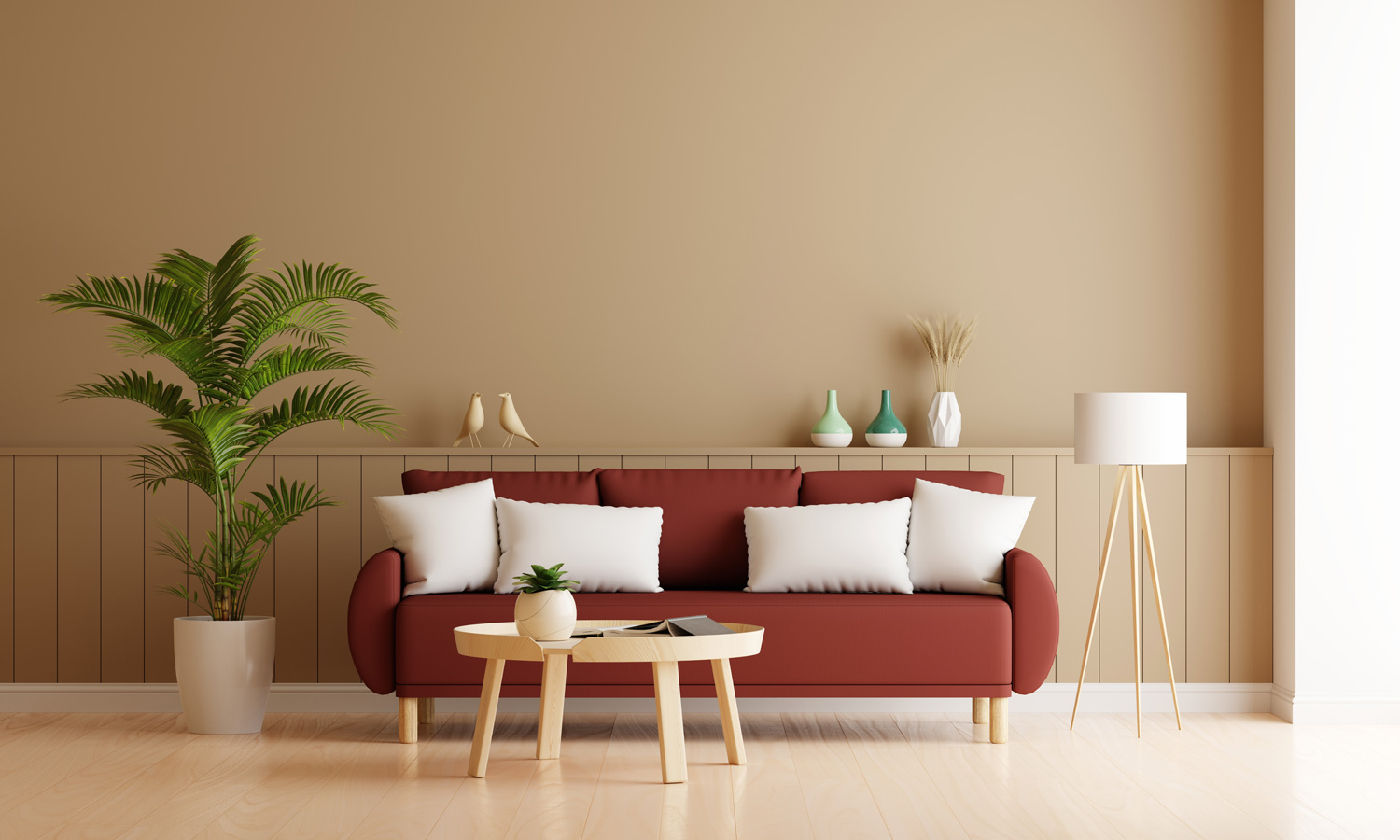 Sofa in brown living room interior with free space for mockup