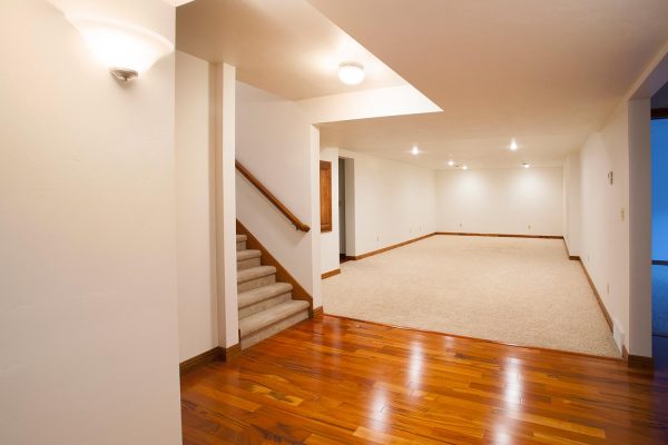 Spacious finished basement with carpet and hardwood floors