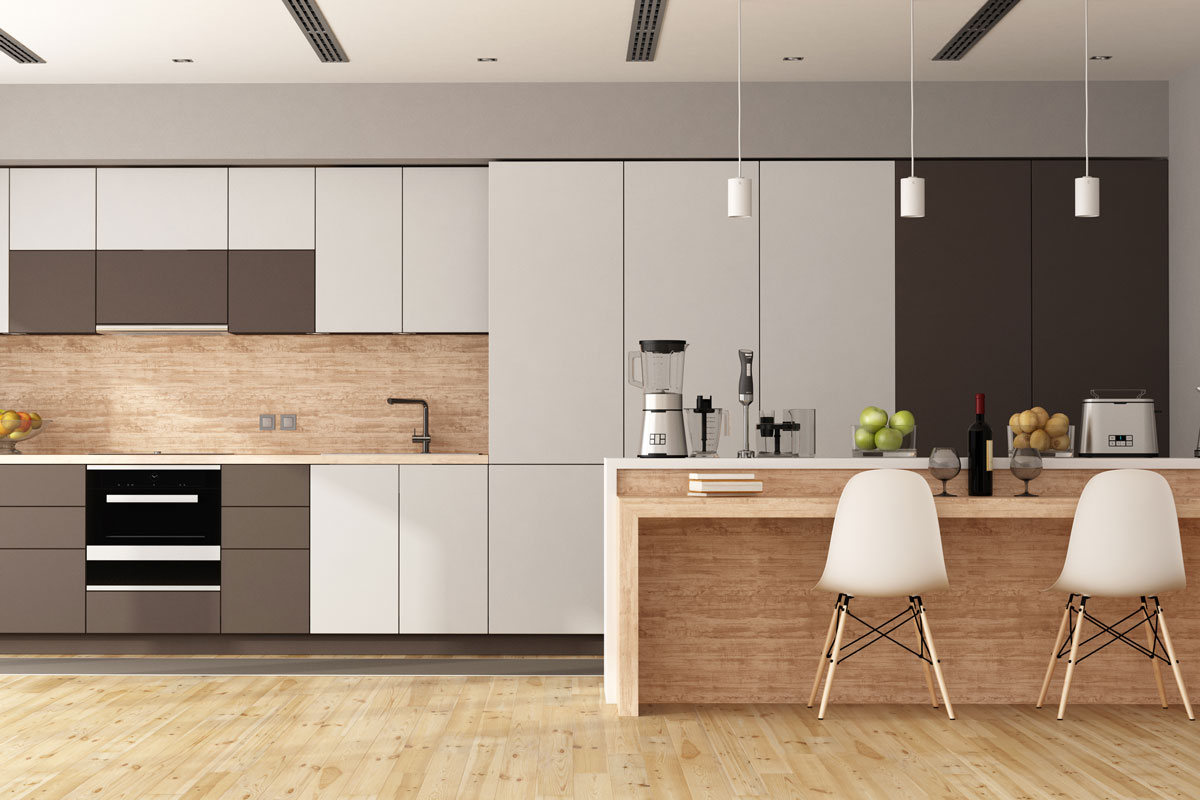 White and brown modern Kitchen with wooden island