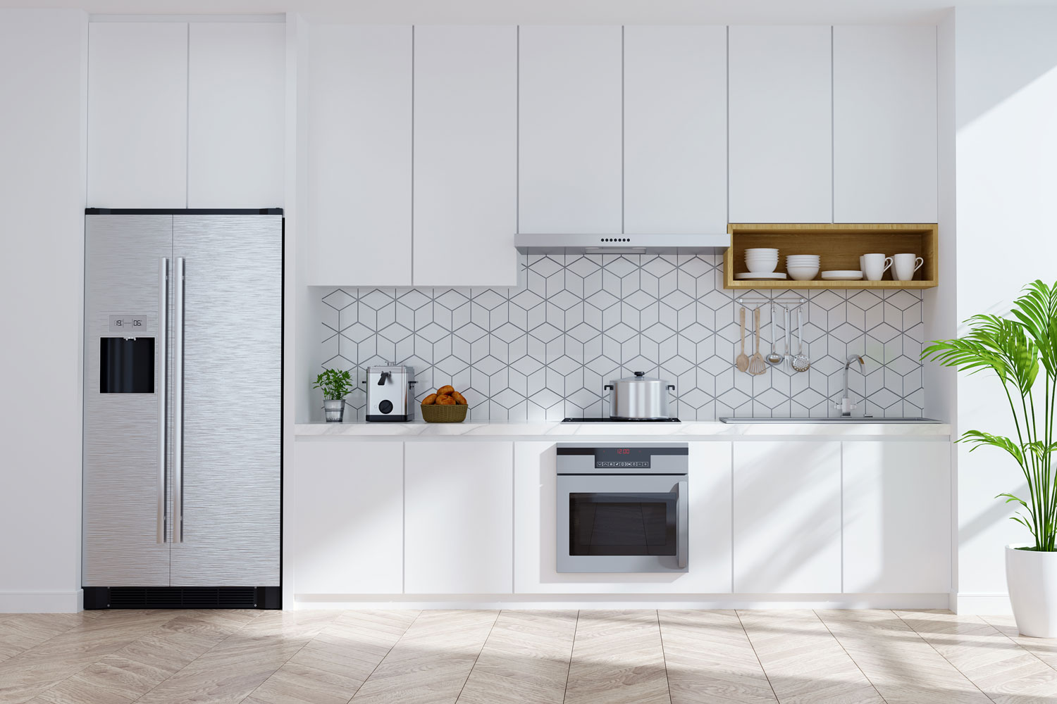 White kitchen cabinets and cupboards kitchen with geometric backsplash
