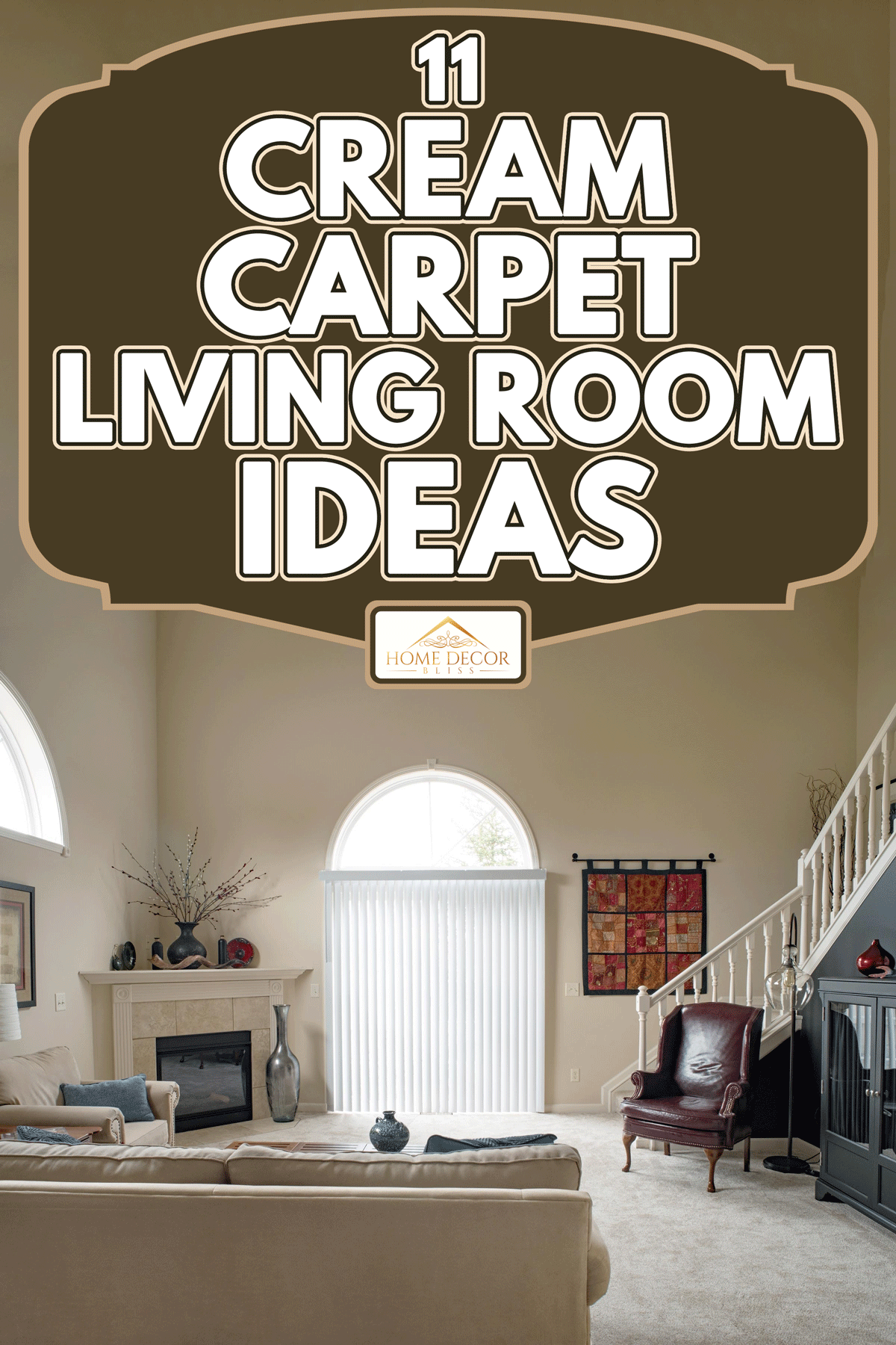 A condo living room in neutral colors with cathedral ceiling and arched windows, 11 Cream Carpet Living Room Ideas