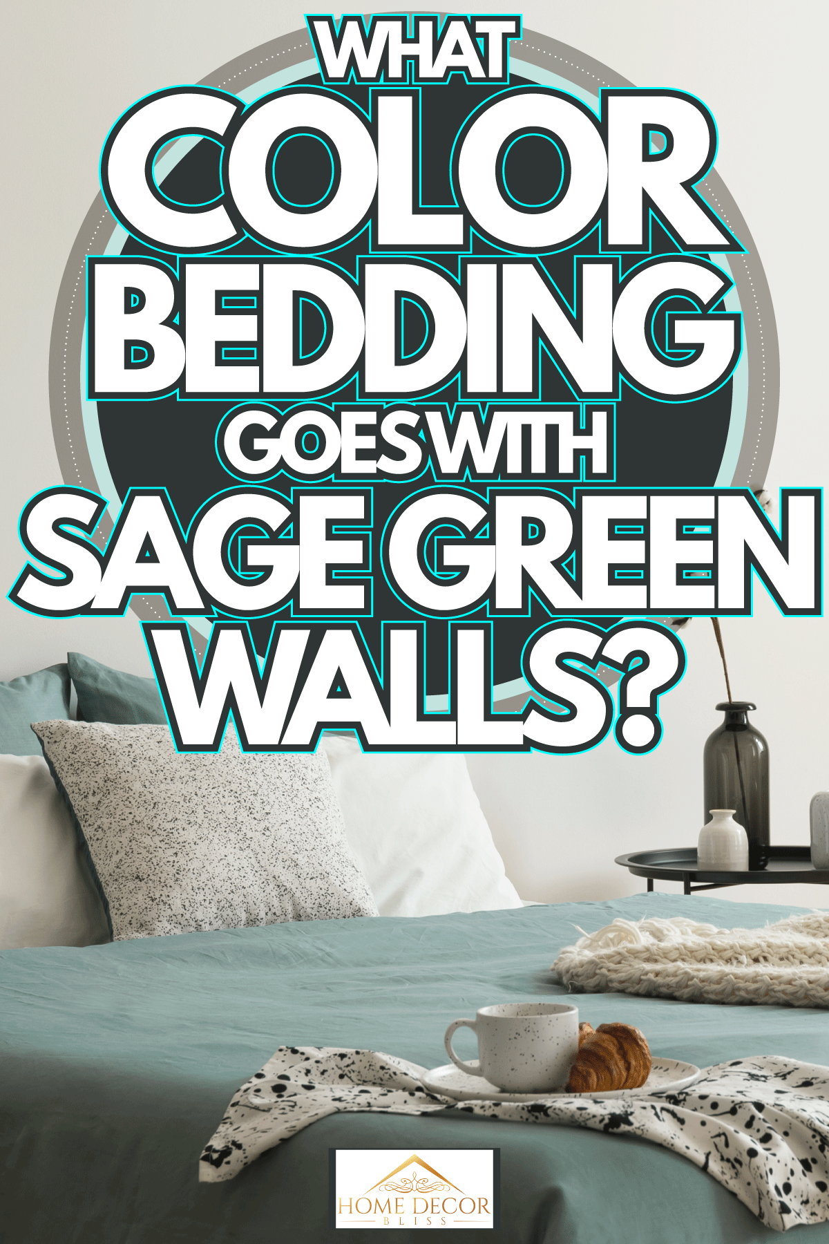 Bedroom interior with sage green and white sheets and cushions and a blanket, What Color Bedding Goes With Sage Green Walls?