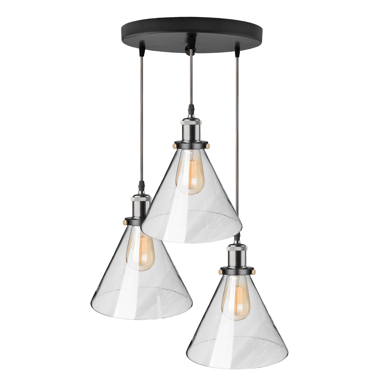 3 Light Modern Glass Cone Shaped With Silver Holder Cluster, Industrial Shade Hanging Light Pendant Ceiling Lamp Isolated