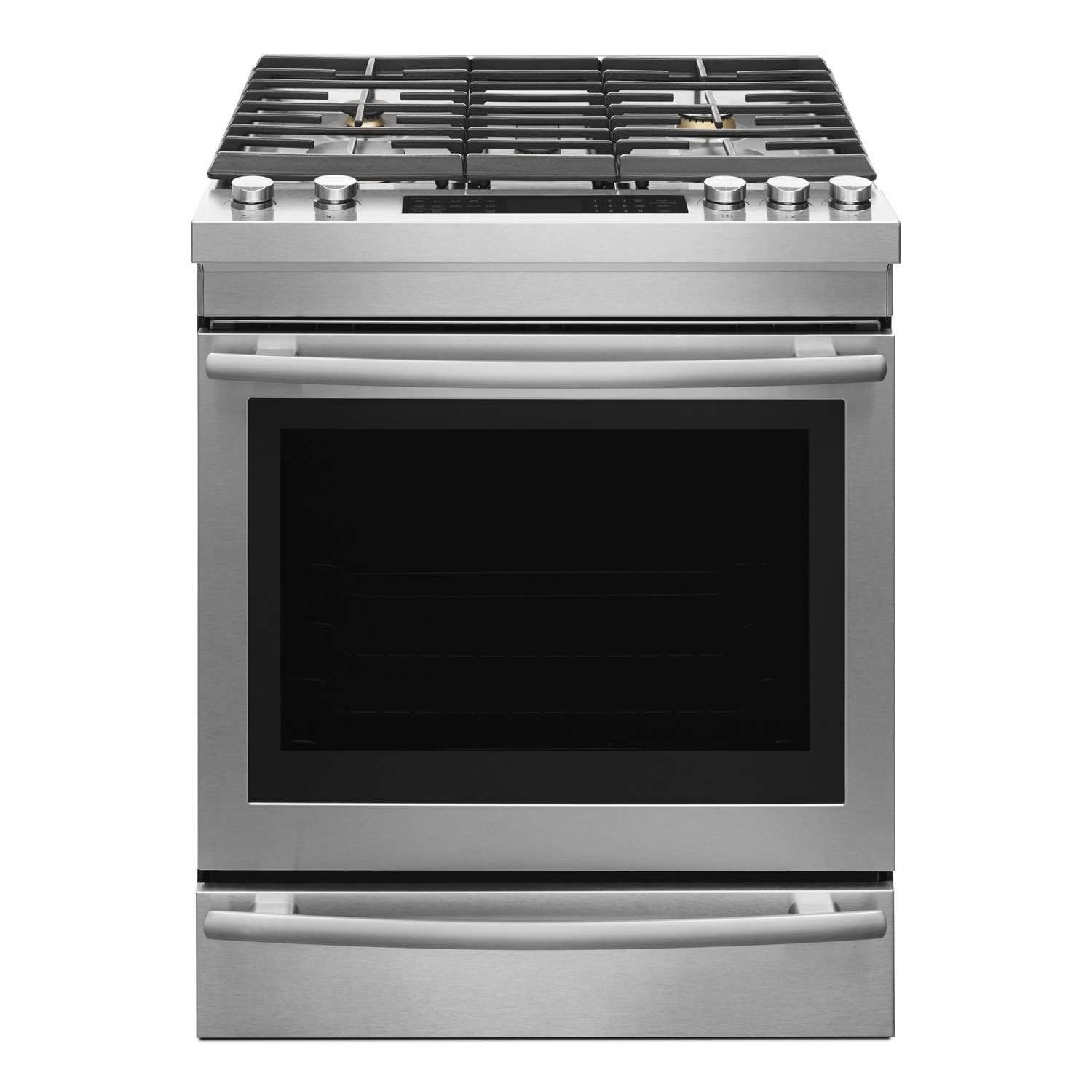 30 Inch Slide-in Gas Range Isolated on White. Front View of Stainless Steel Gas Stove with 5 Burners and Sealed Cooktop 5.8 Cu. Ft. Primary Oven Capacity. 