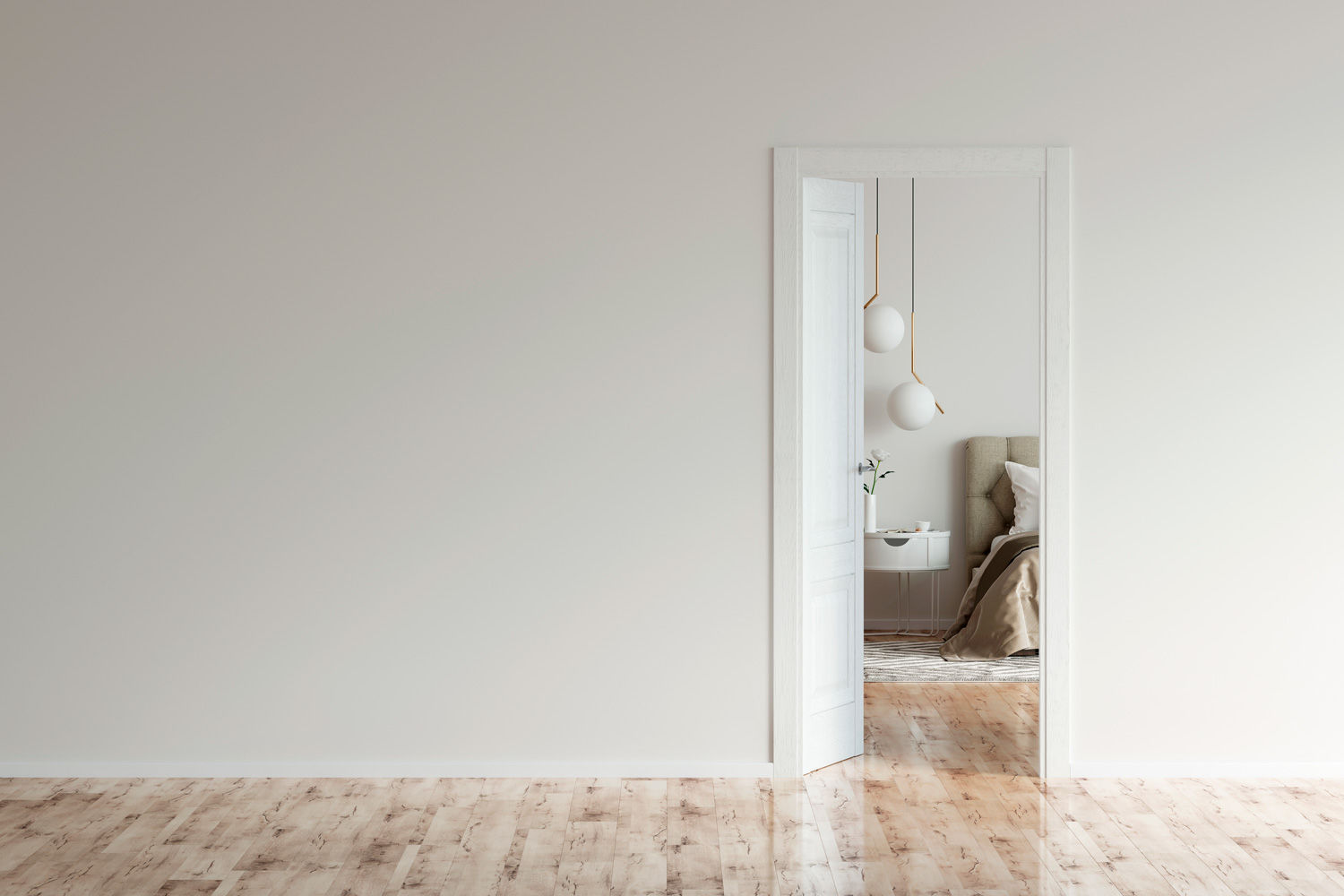 3d illustration. Empty room with an open door to a beige modern bedroom.
