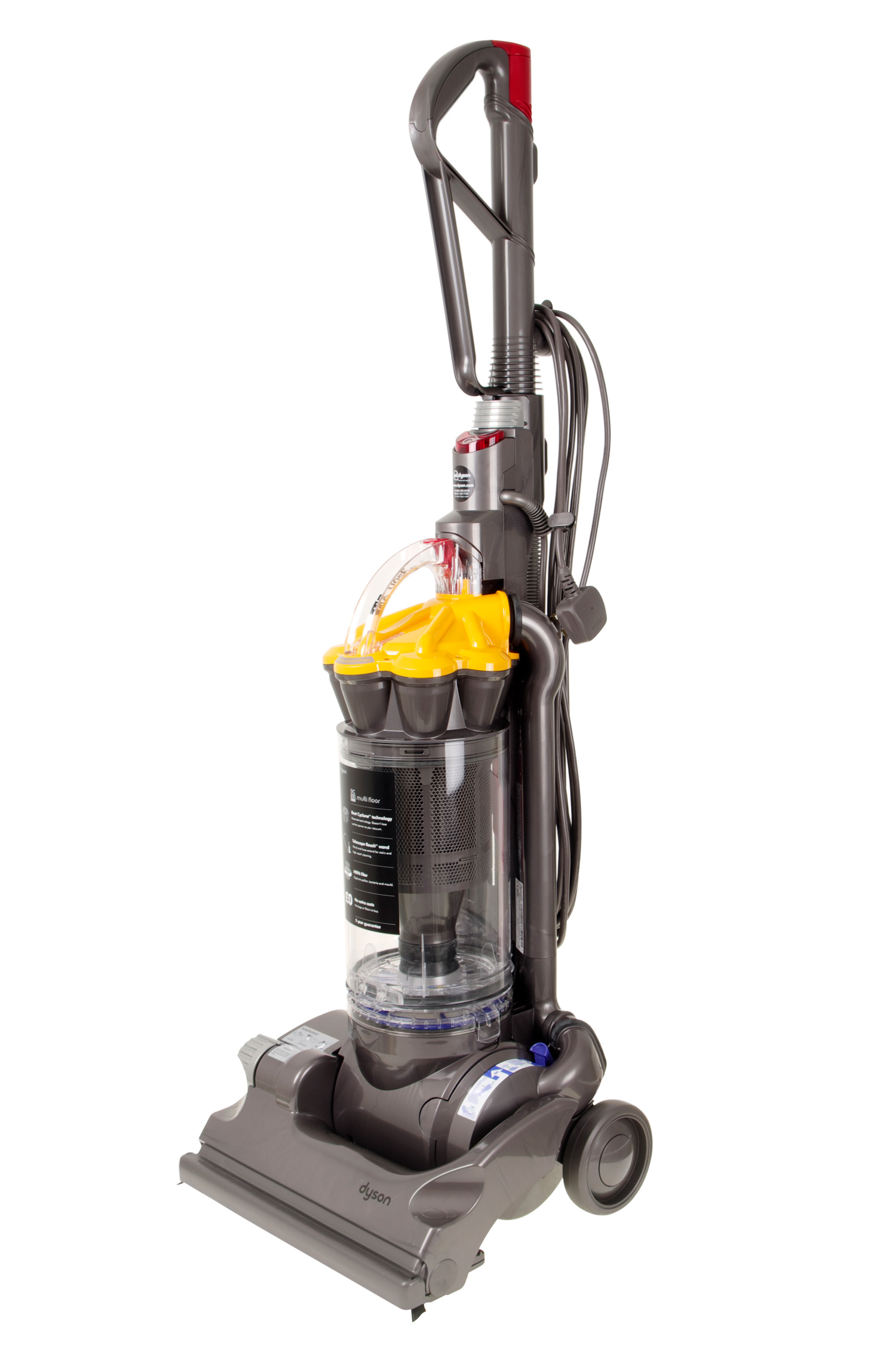 A Dyson DC33 bagless upright vacuum cleaner. This is the Multi Floor version denoted by the yellow top.