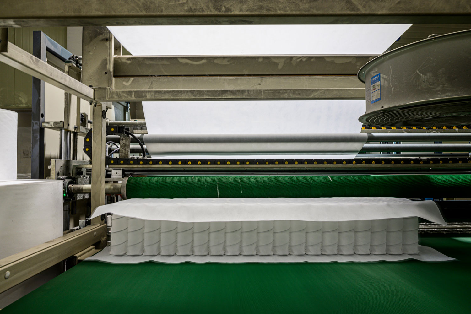 A box spring manufacturing process at a factory