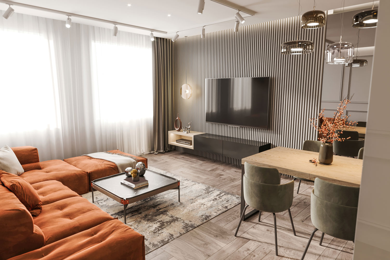 A comfortable modern living room condominium apartment decorated in contemporary design