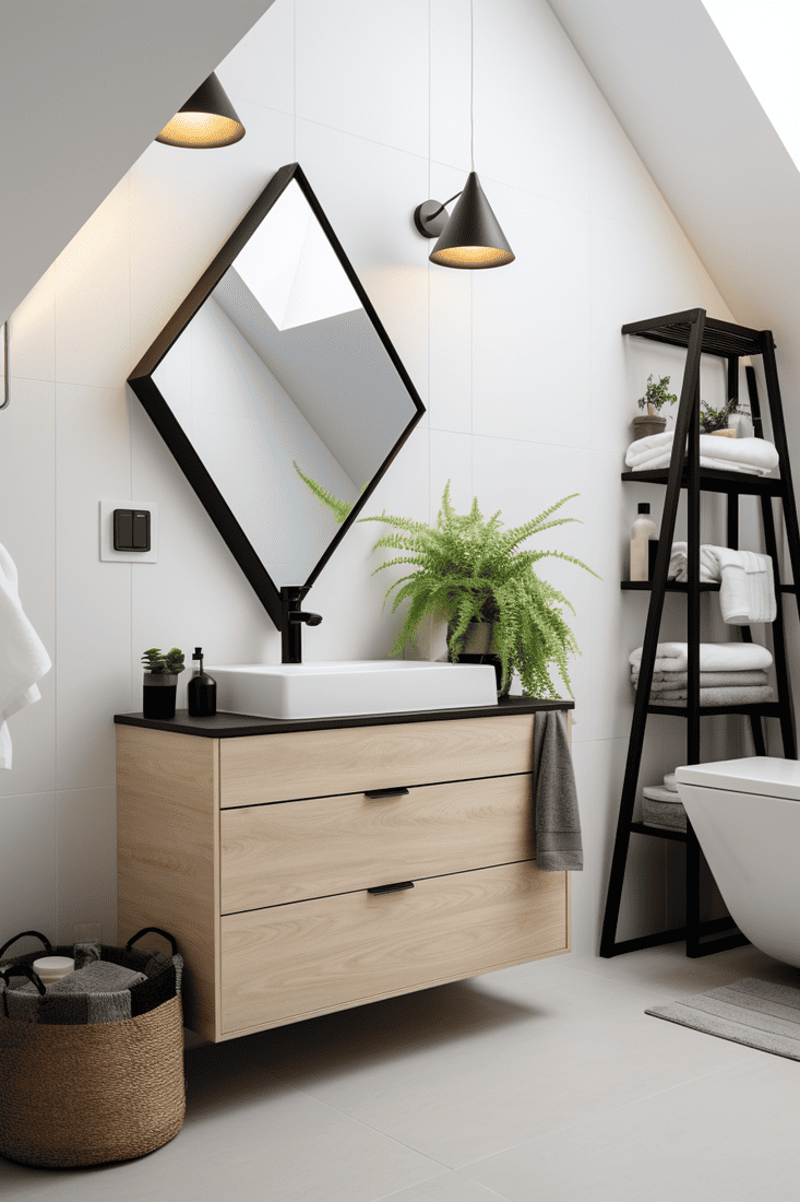 A hyperrealistic bathroom with a soft color palette and black fixtures, combining modern and minimalistic elements with a touch of Boho style