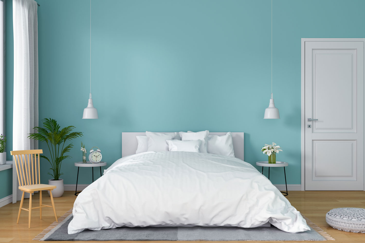 A light blue painted bedroom with white beddings matched with wooden flooring