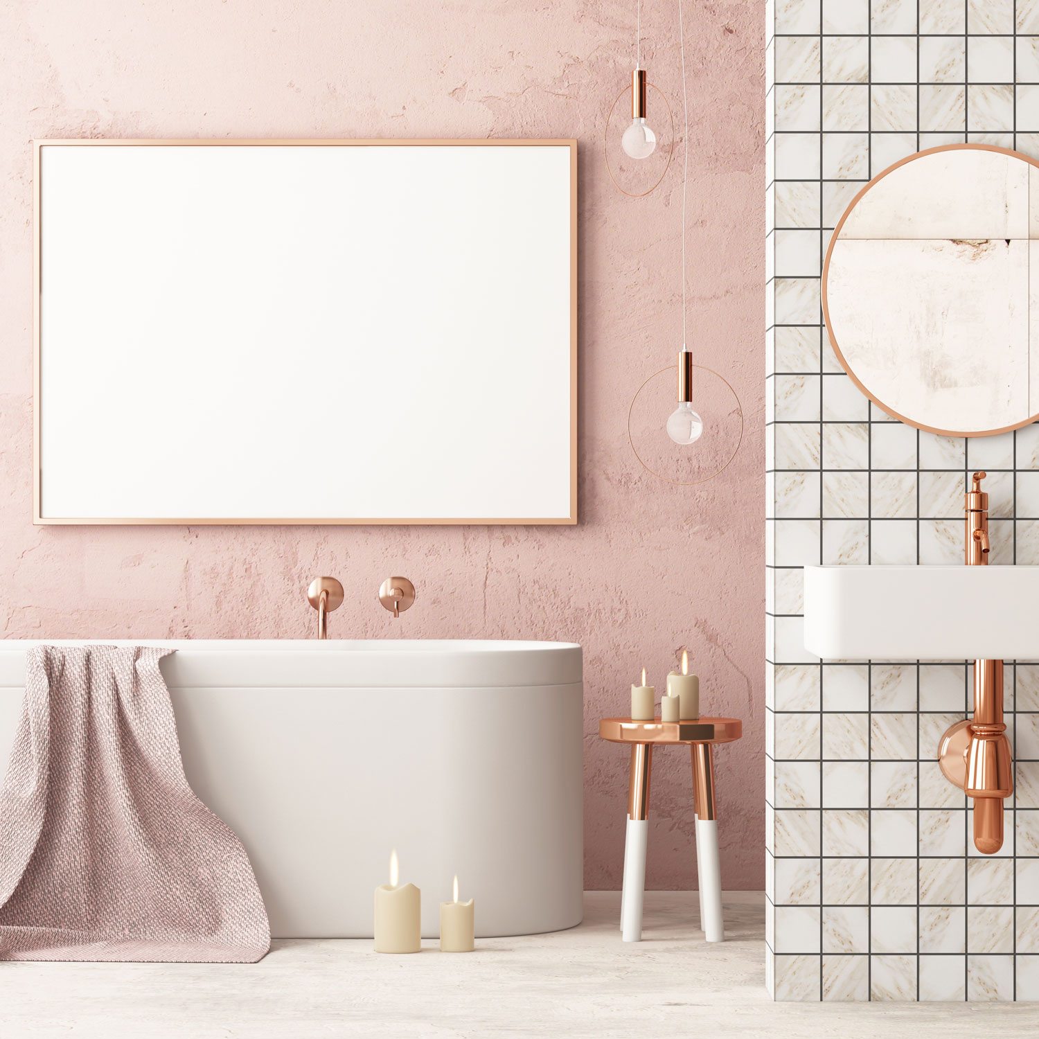 A pink boho themed bathroom with modern fixtures and accessories