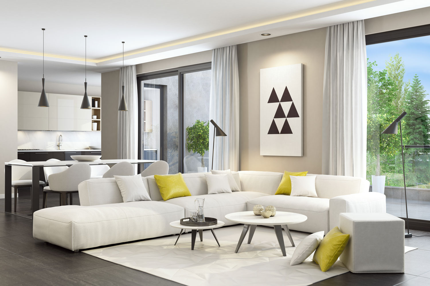 A sectional sofa with white and yellow throw pillows inside an ultra contemporary living room with dangling lamps on the dining table