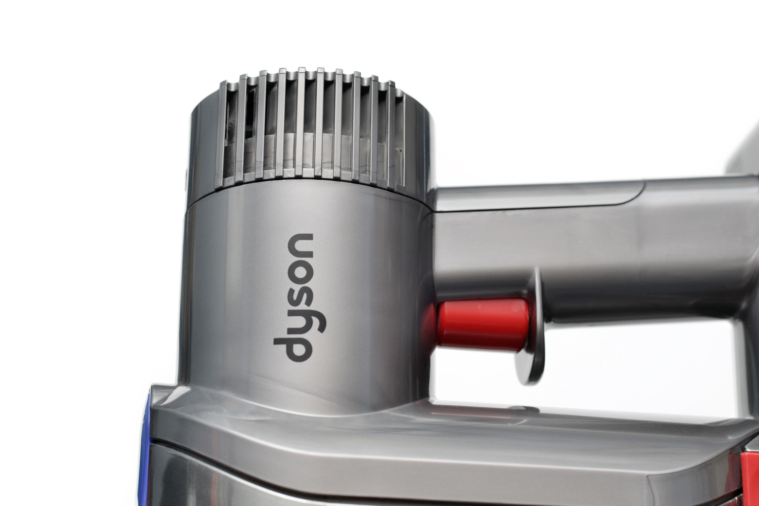 Close up of a Dyson vacuum cleaner against a white background