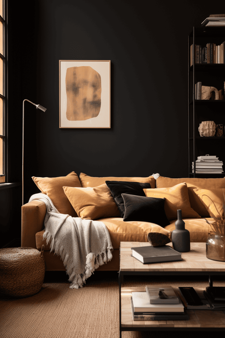 living room with chalky-black walls, camel-colored couch, earthy tones, and throw pillows in matching shades