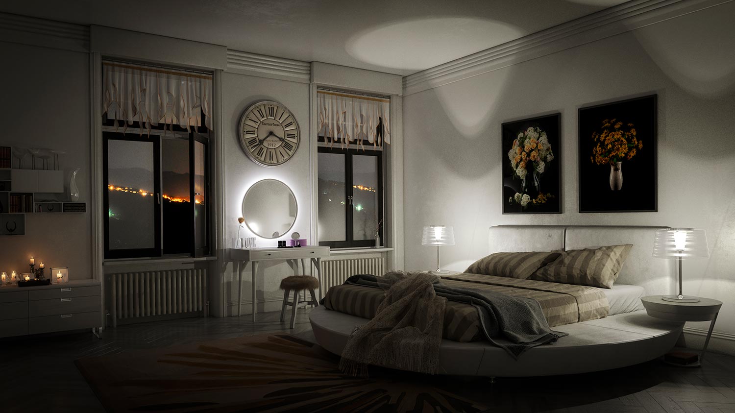 Digitally generated luxurious domestic bedroom interior (night scene)