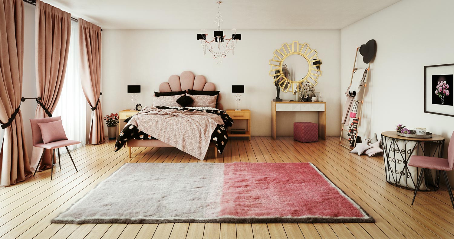 Digitally generated warm and cozy pink themed girl's bedroom interior design