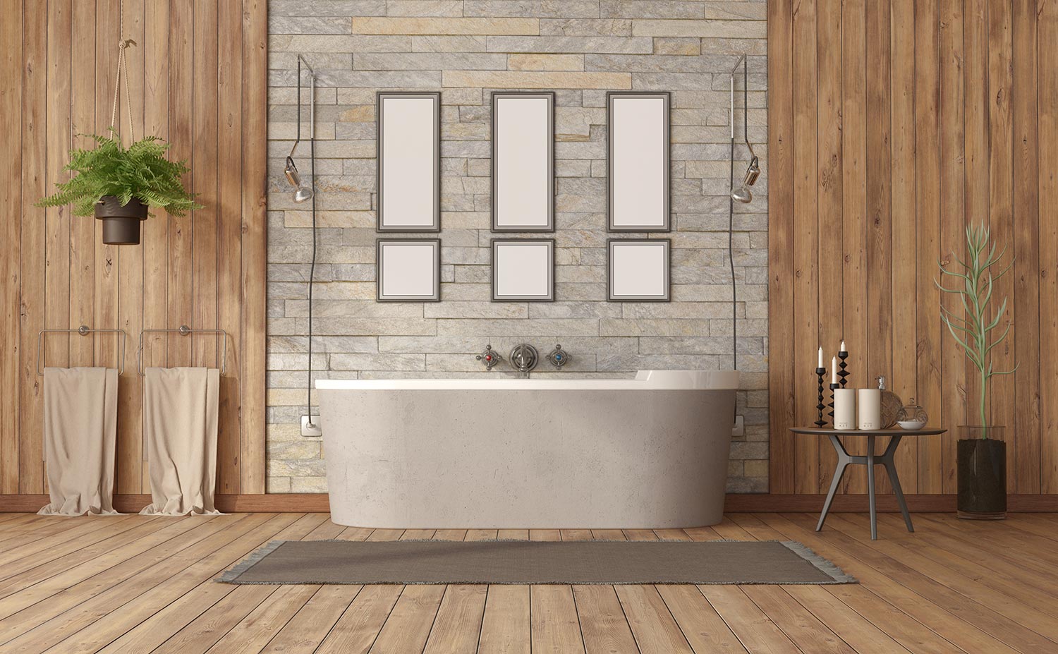 Elegant bathroom with bathtub against stone wall