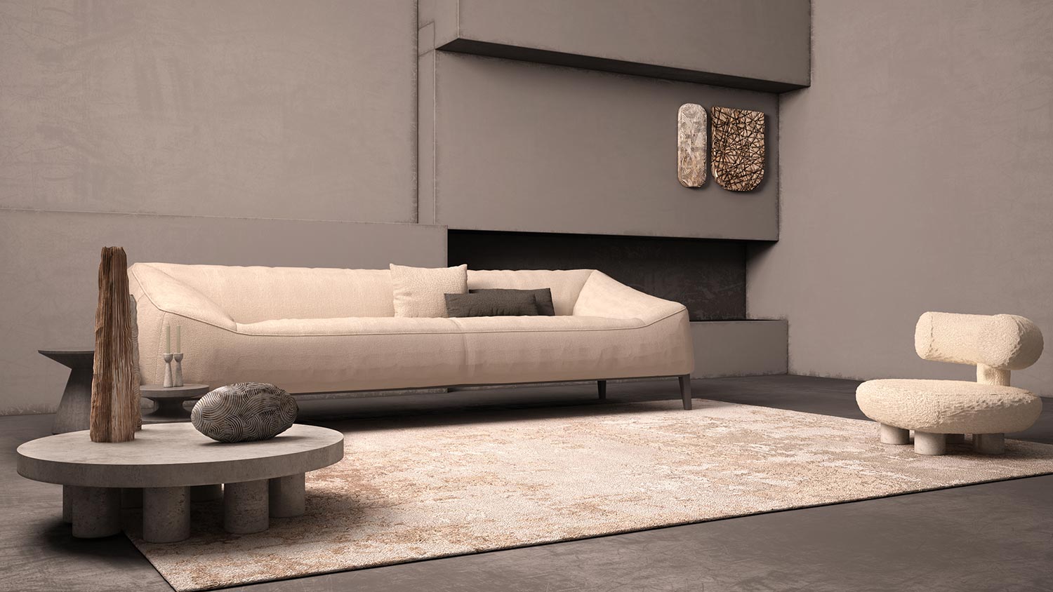 Elegant grunge living room with plaster walls and floor, fireplace