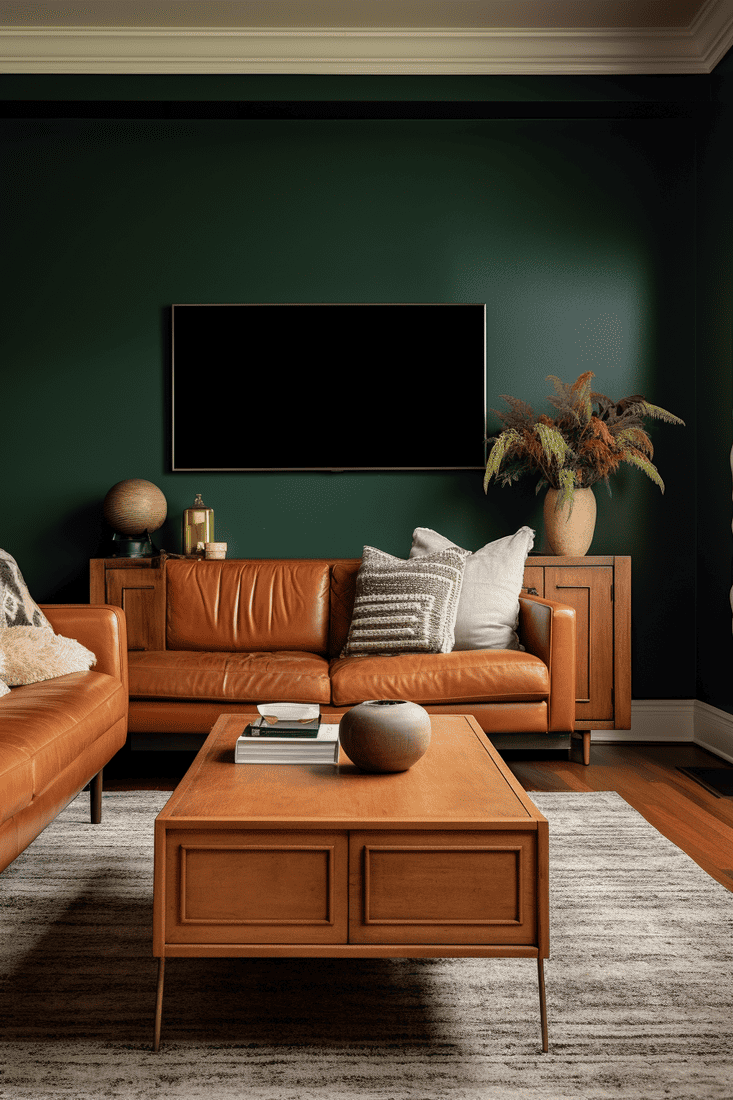living room with dark green walls, camel-colored couch, white accents, and a matching wooden entertainment stand