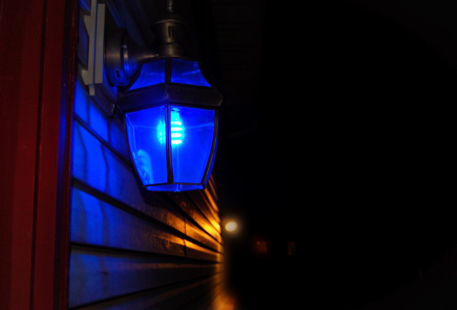 Fluorescent Front Porch Light with a blue light bulb.