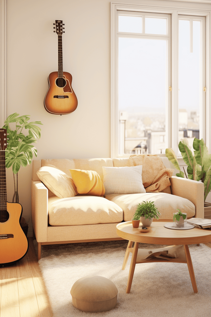 living room with light beige furniture, camel-colored couch, faux fur accents, wooden ukelele, and green plants