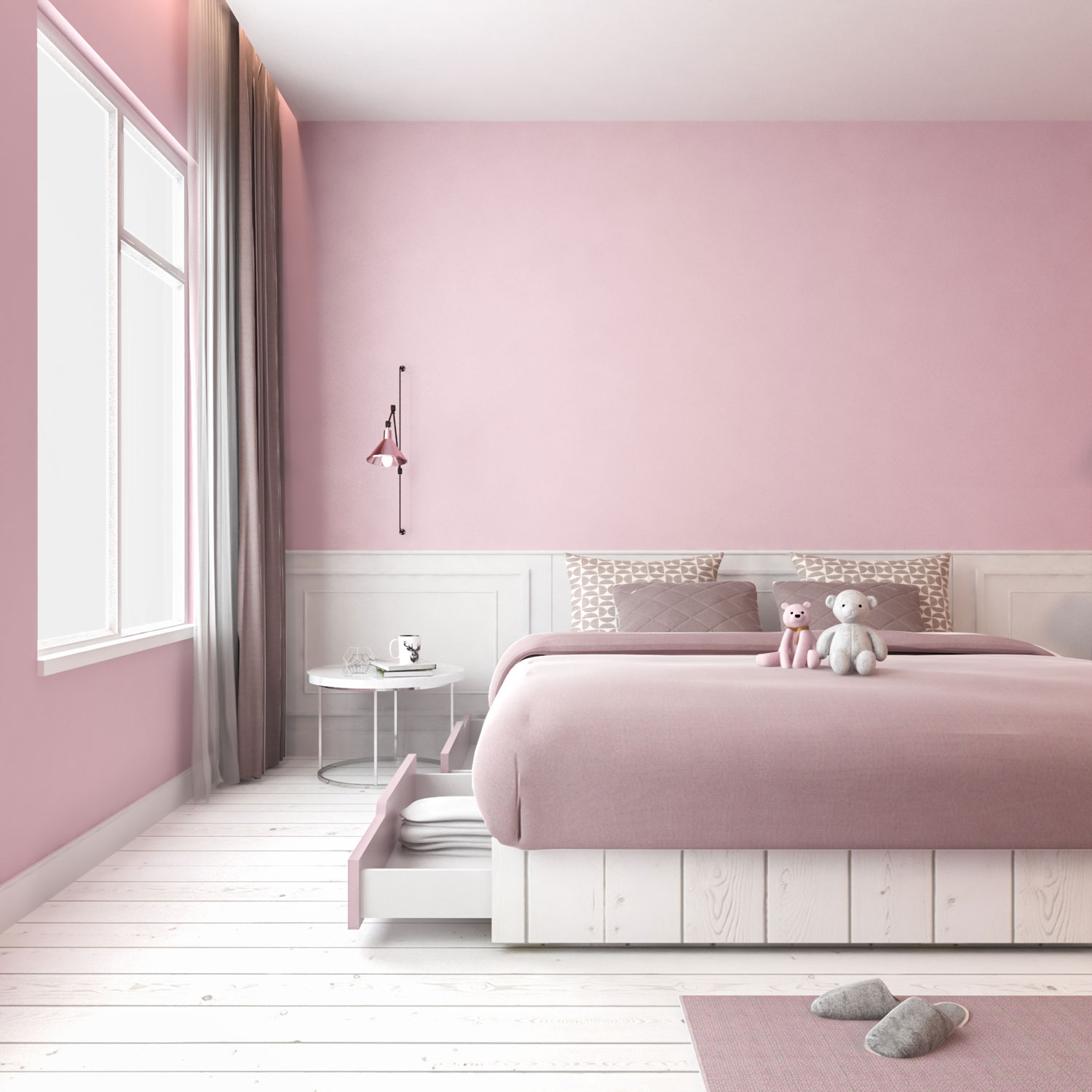 Gorgeous pink bedroom with pink walls with pink beddings and white wooden flooring