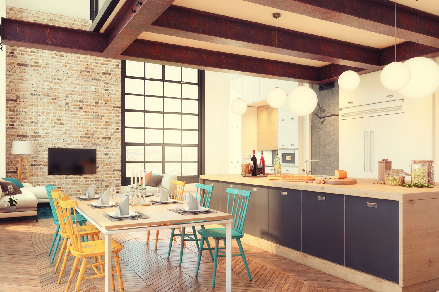 Gorgeous rustic and bright modern kitchen and dining area