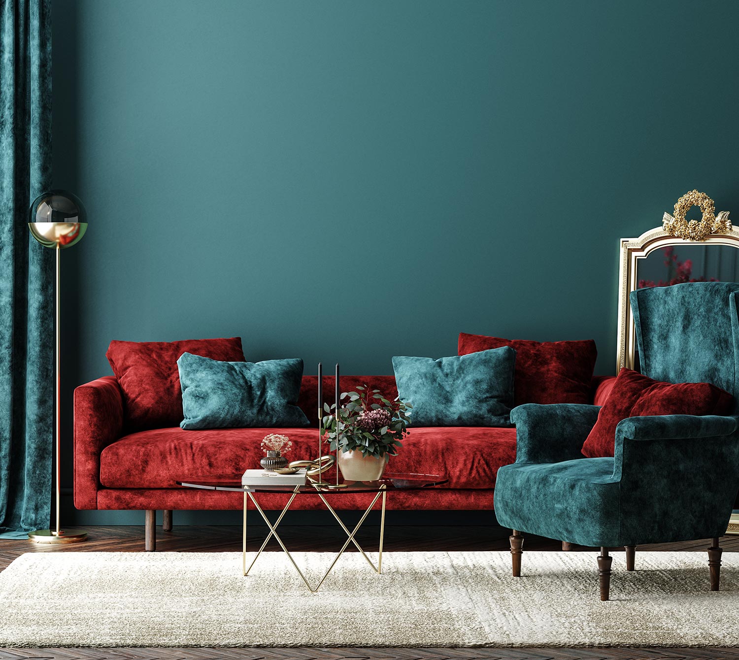 Home interior mock-up with red sofa, table and decor in green living room