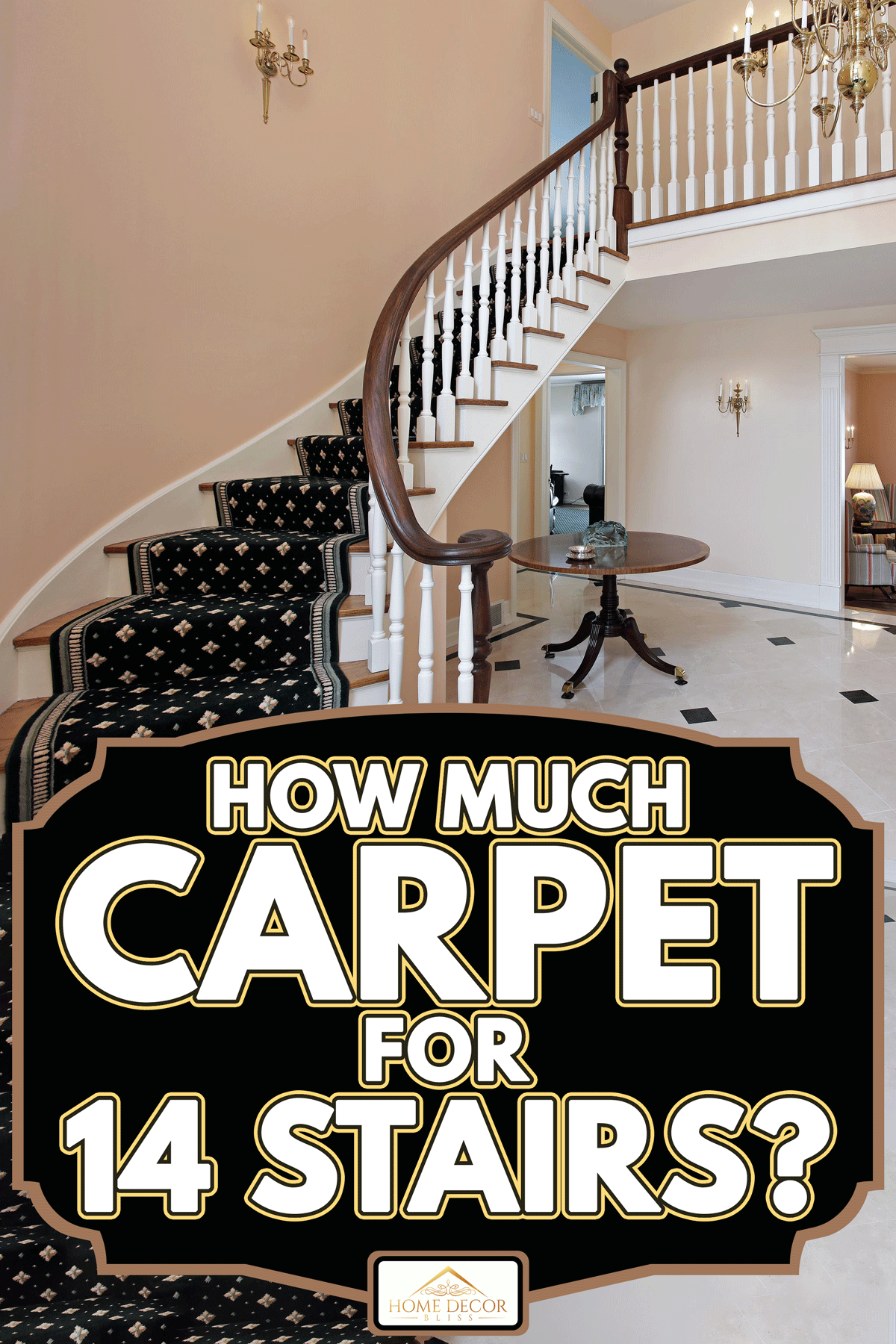 Salmon colored foyer with curved staircase and carpeted stairs, How Much Carpet for 14 Stairs?