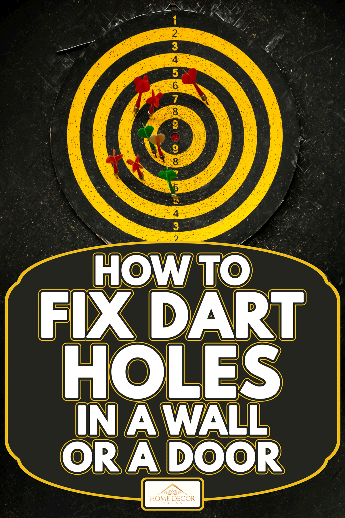 Old yellow dart board with holes hanged on black wall, How To Fix Dart Holes In A Wall Or A Door