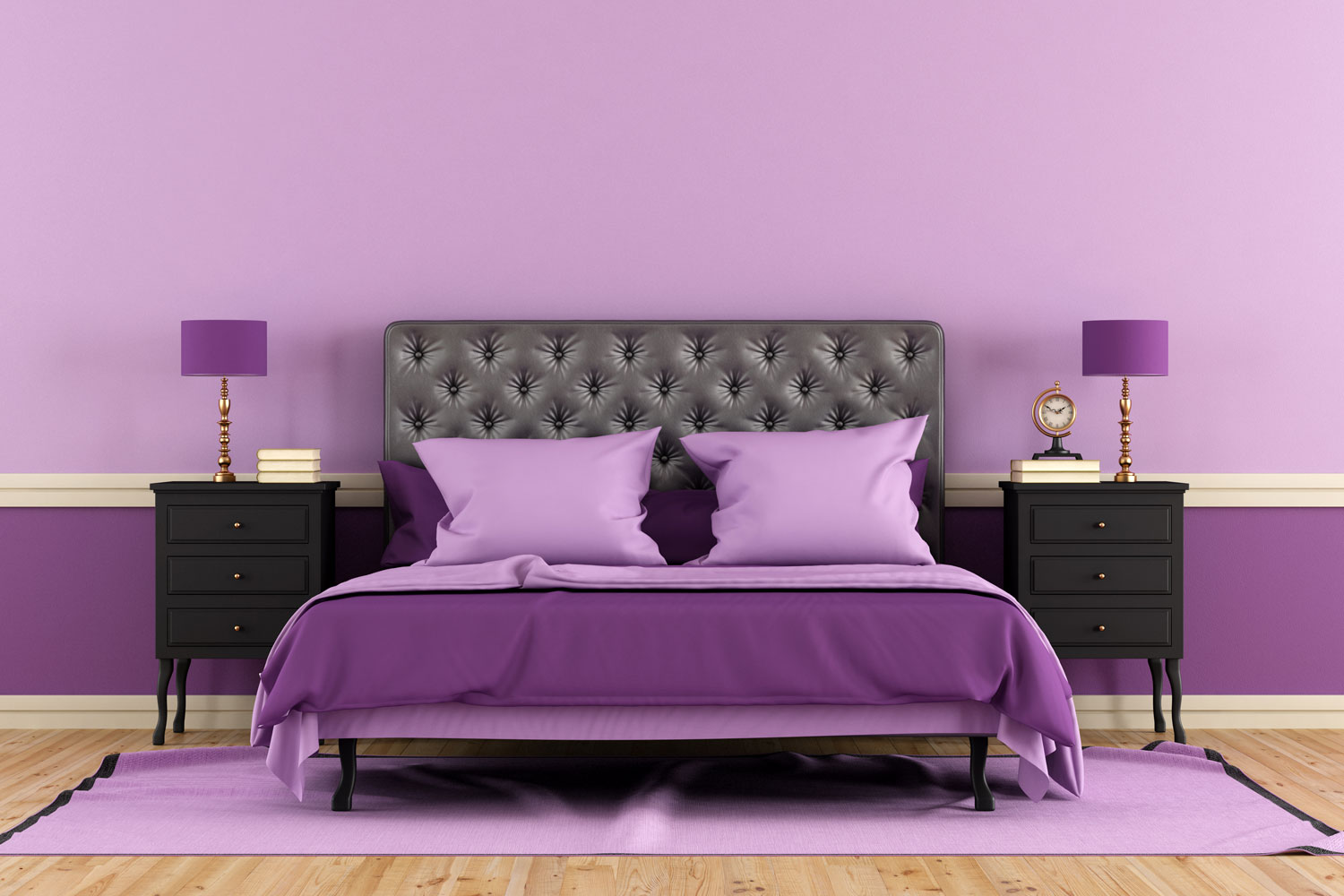 Lavender and purple colored bedroom with purple bedding and a purple area rug