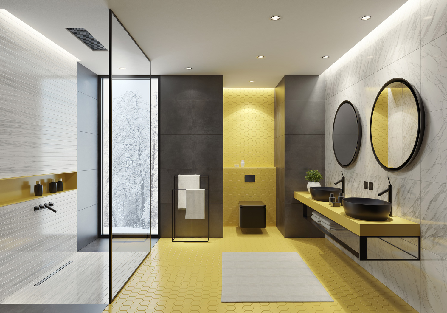 Luxurious bathroom with yellow honeycomb ceramic tiles and gray and marble large ceramic tile