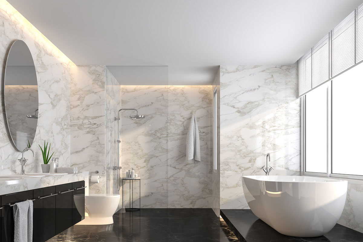 Luxury bathroom with black marble floor and white marble wall