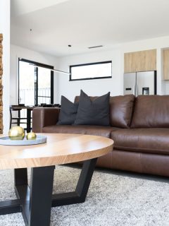 Luxury living room styled with leather sofa and oak coffee table, 11 Great Camel Couch Color Schemes
