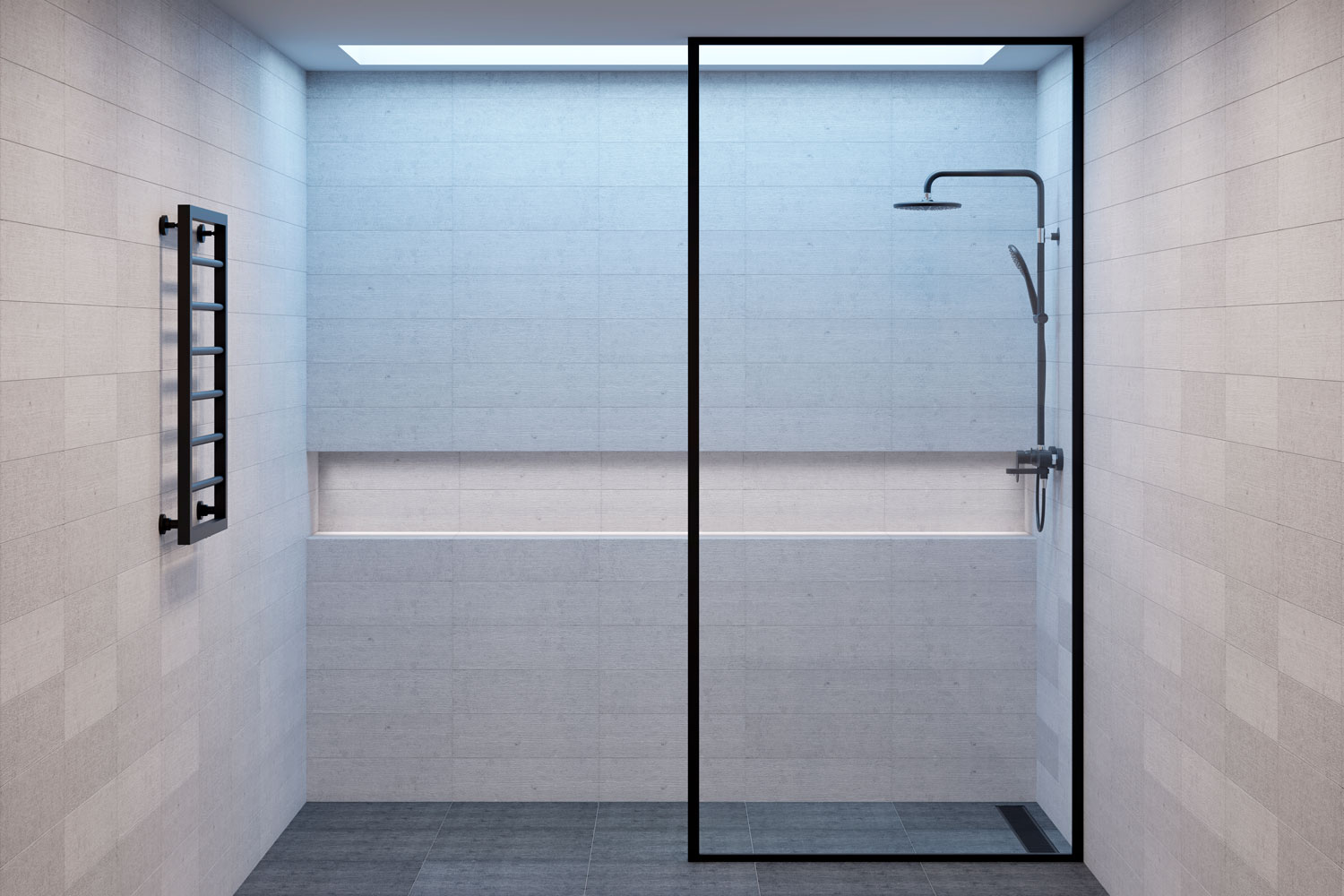 Minimalist themed glass shower area with light gray tiled bathroom walls