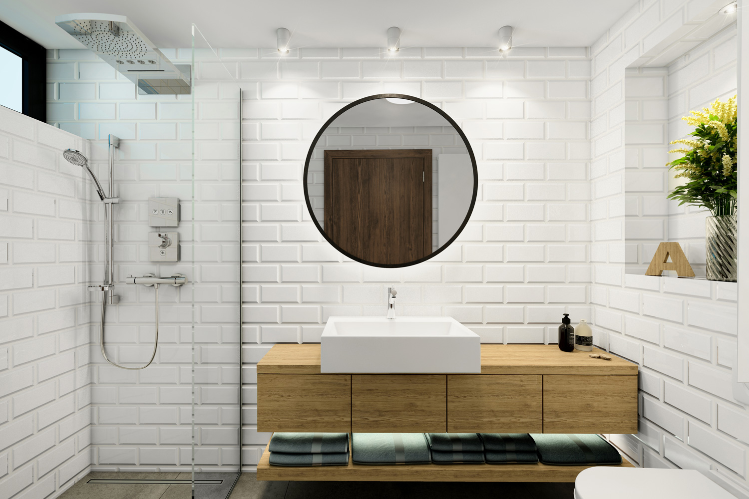 Modern Scandinavian style bathroom. White brick tiles, circle mirror, wood. lots of decorative light