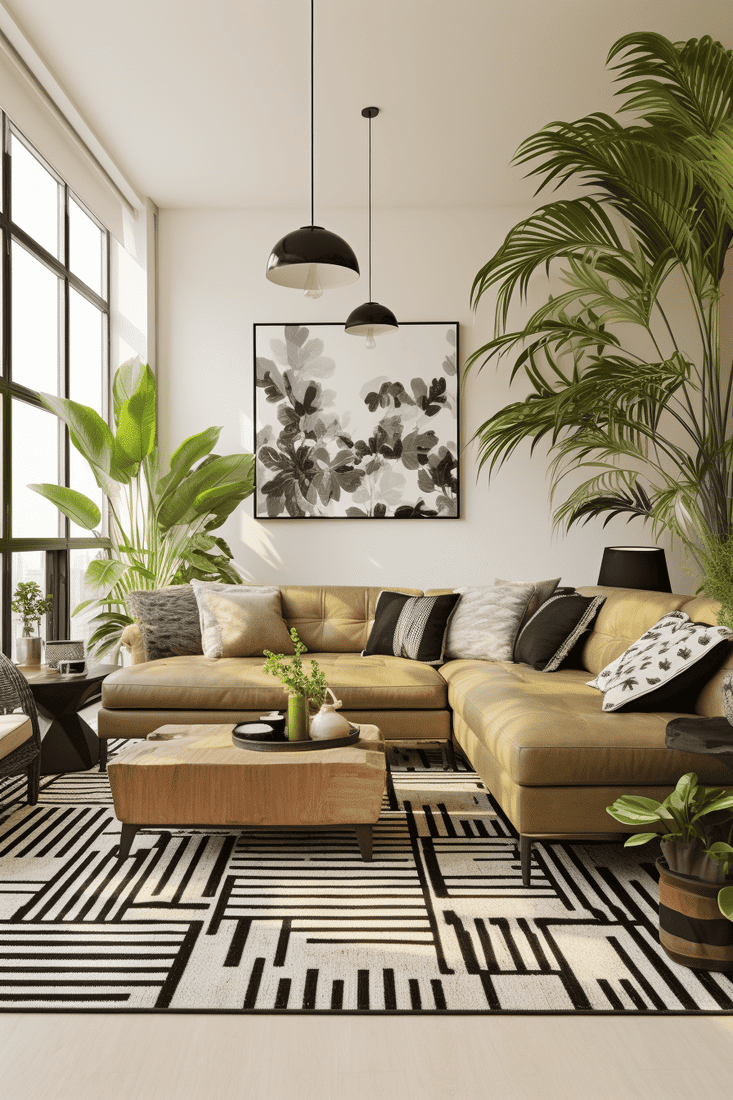 living room with black and white walls, a patterned area rug, camel-colored couch, and multiple green plants