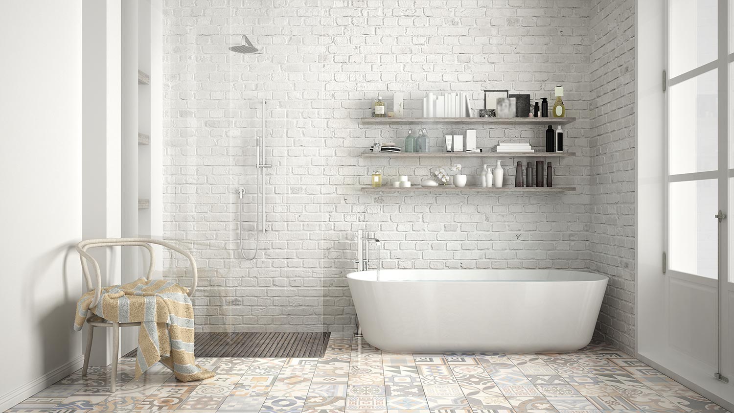 Scandinavian bathroom with classic white vintage interior design