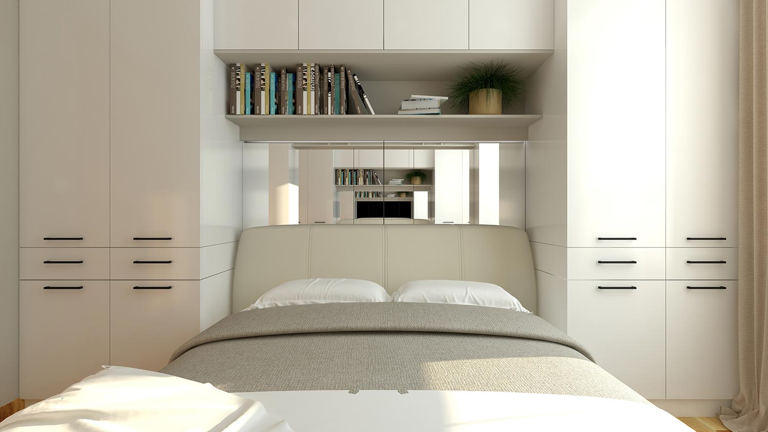 Small white bedroom with double bed and wardrobe on the both sides