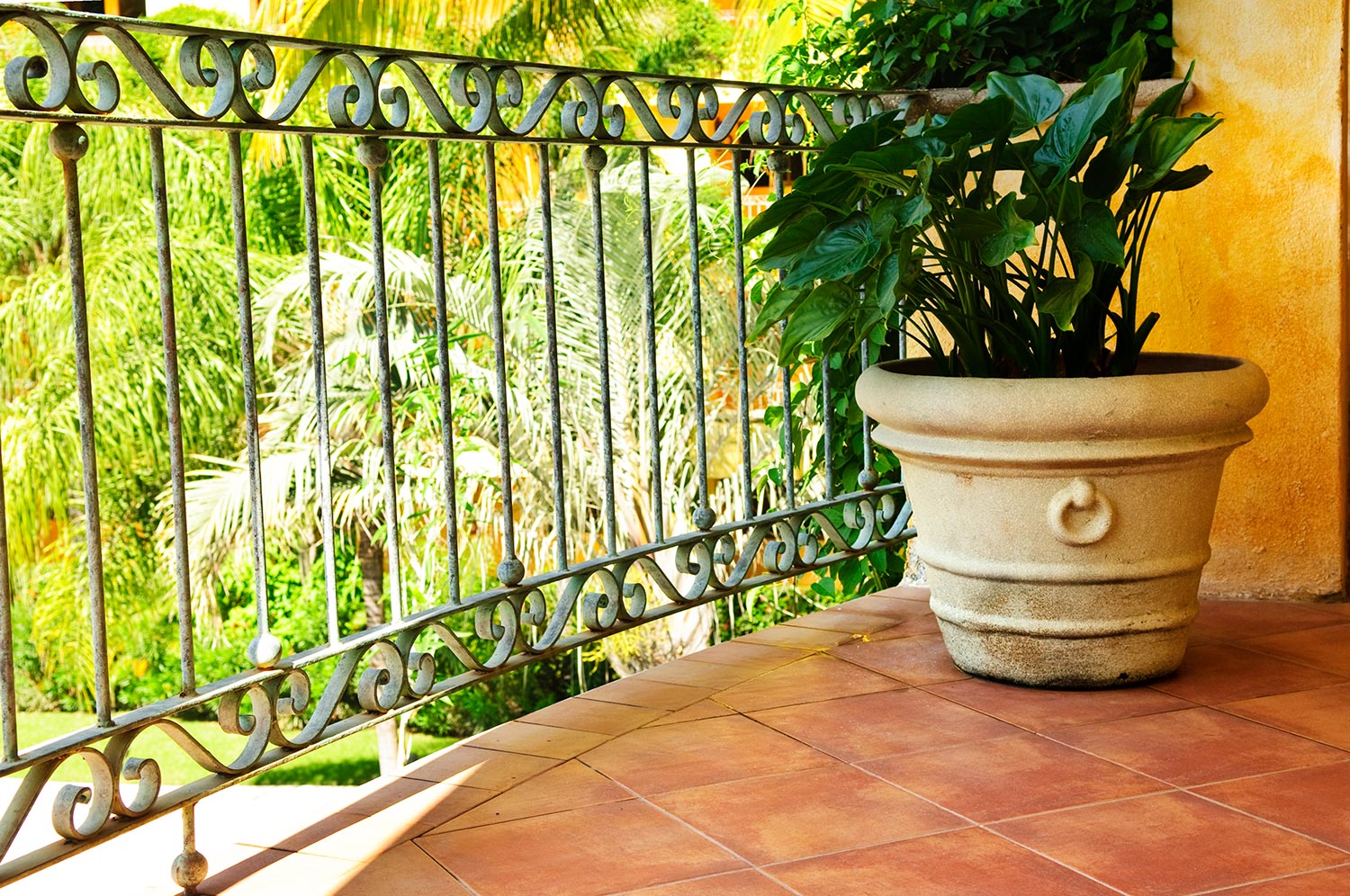 Tiled Mexican balcony with potted plant near railing