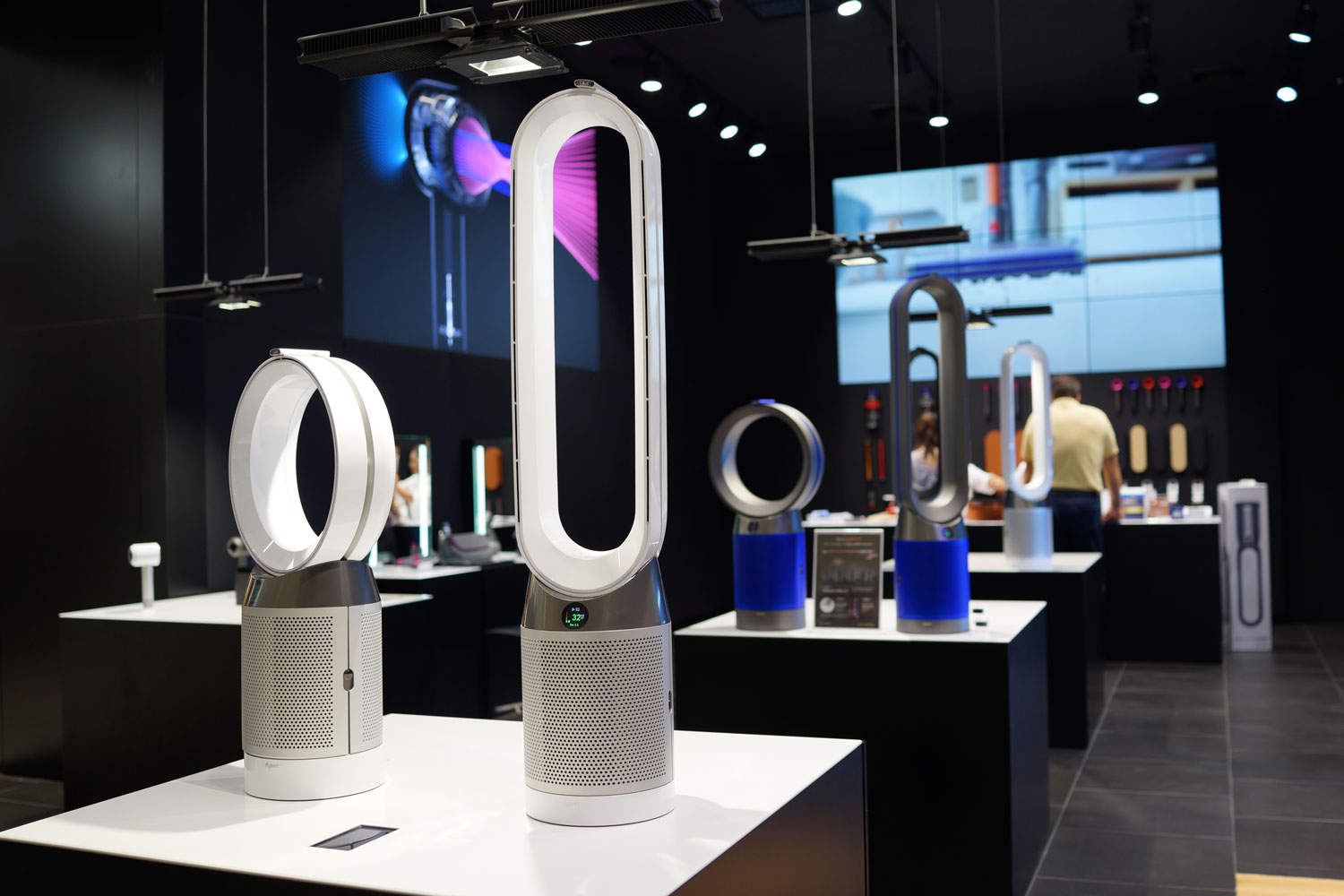 Tower fans and Air multiplier displayed at a Dyson showroom