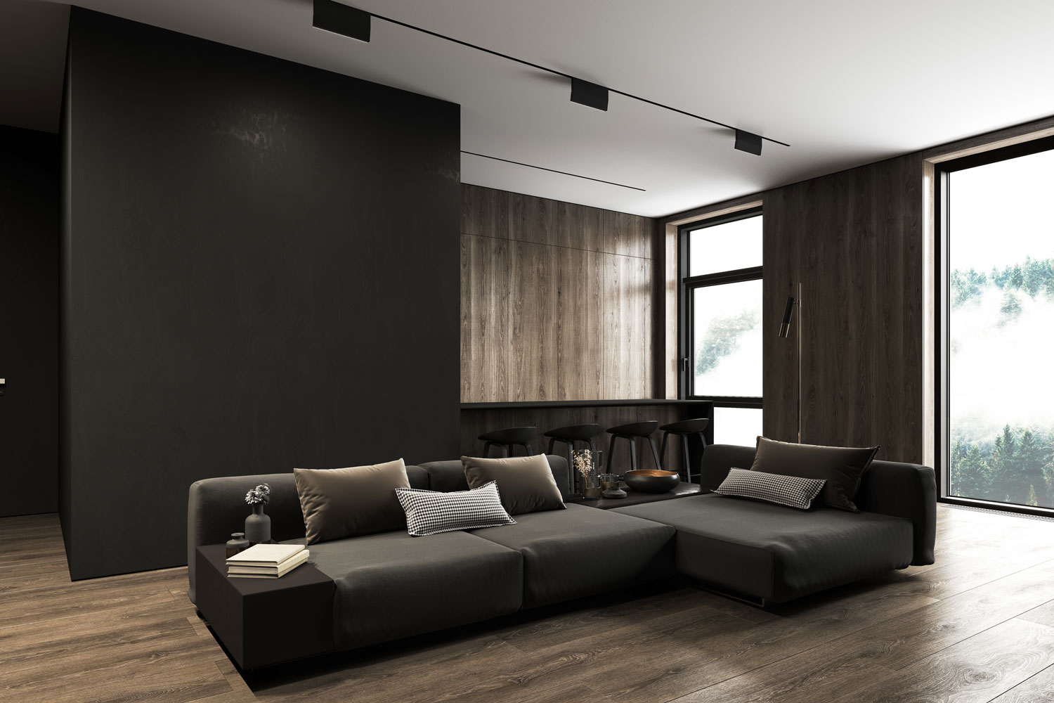 Ultra modern house living room with laminated flooring, black leather sectional sofa with a black wall