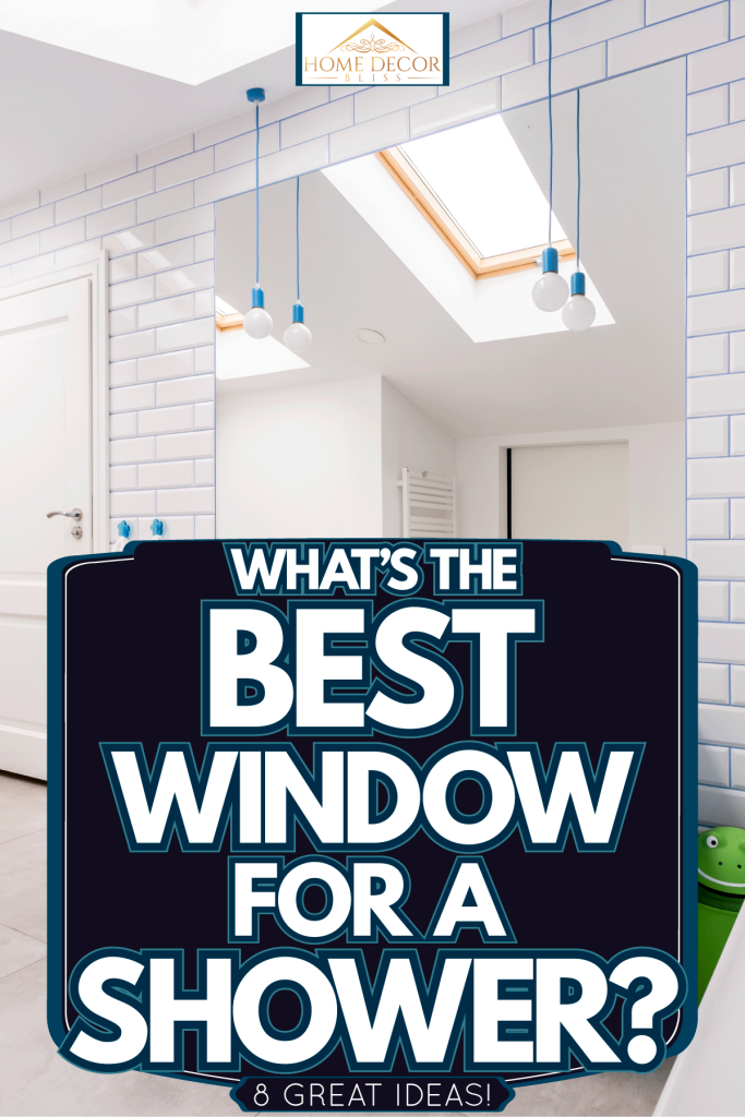 Huge and spacious bright blue and white themed bathroom with a skylight window, What's The Best Window For A Shower? [8 Great Ideas!]