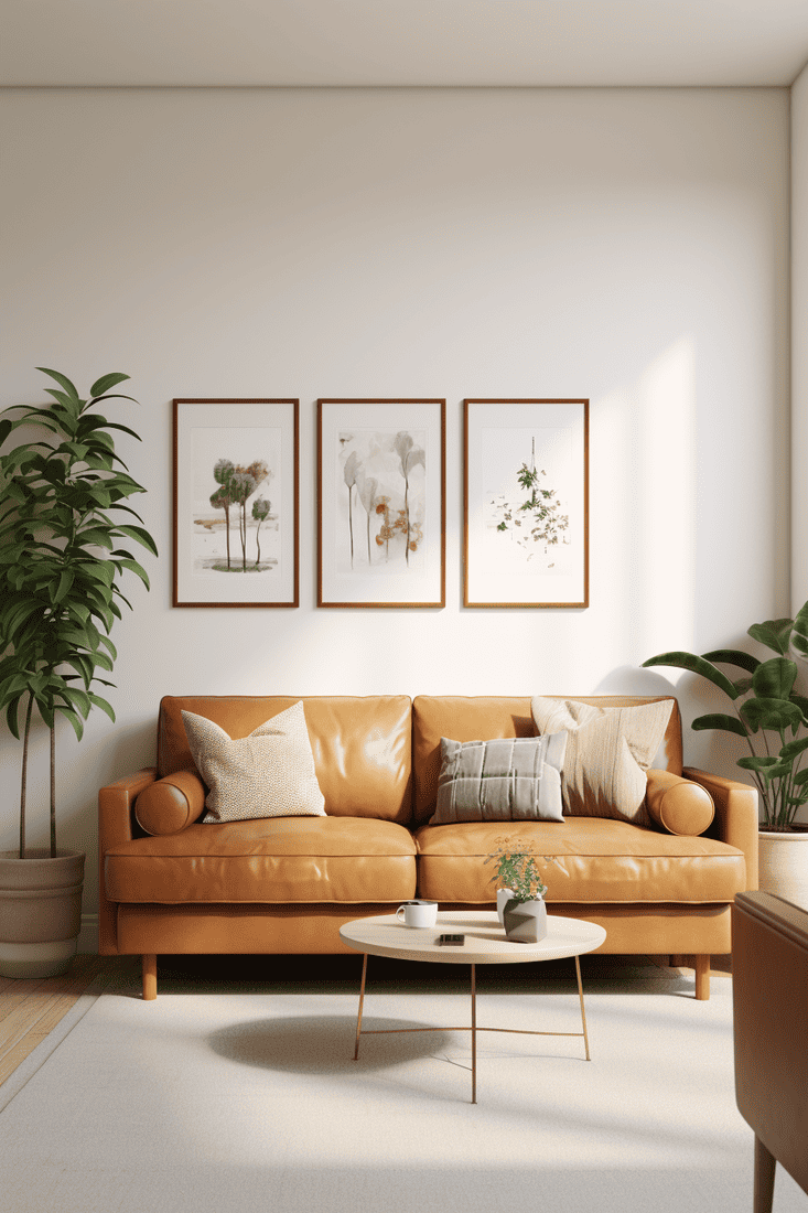 living room with white walls, camel-colored couch, and green indoor plants