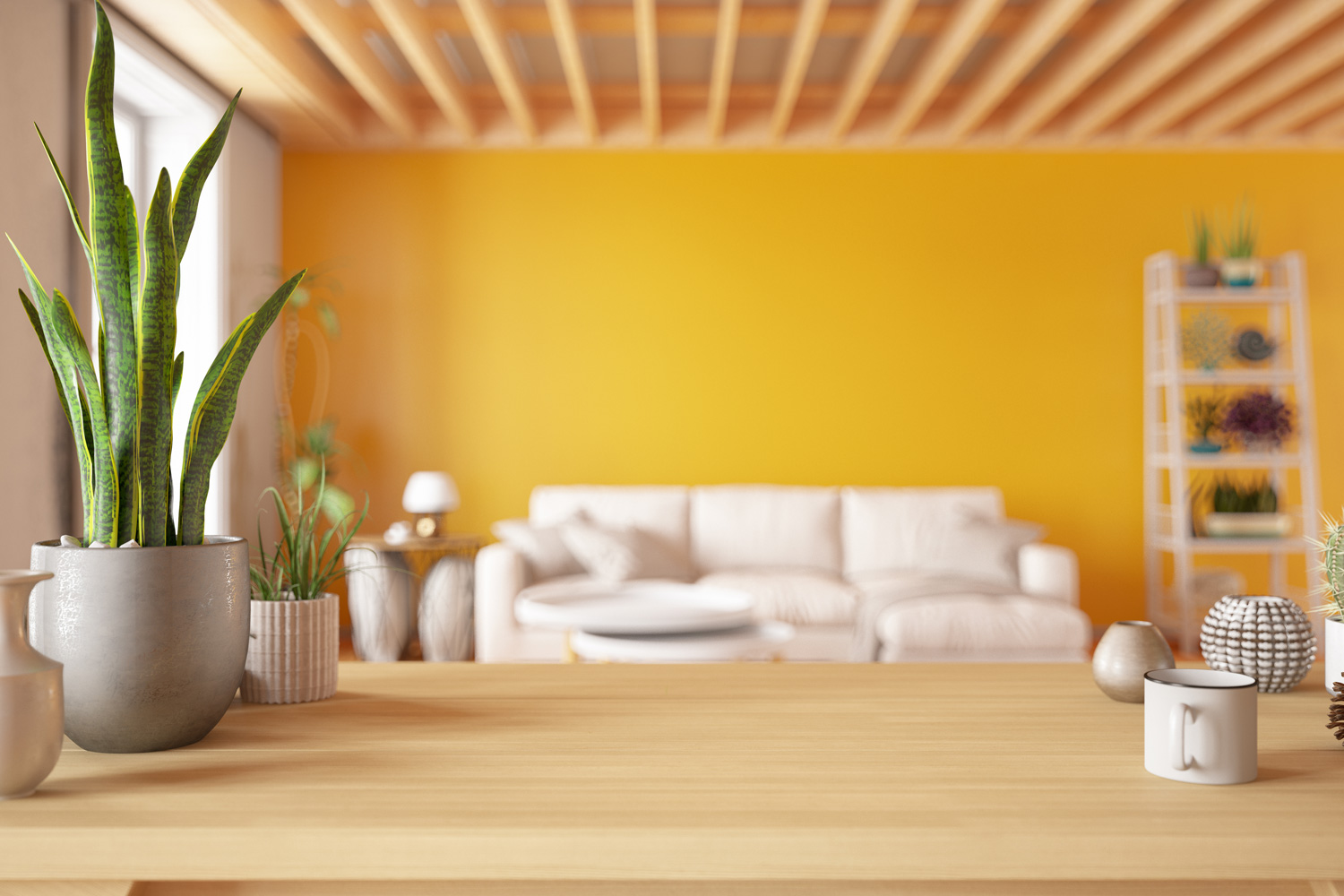 Wooden Table Top with Blur of Cozy Living Room.