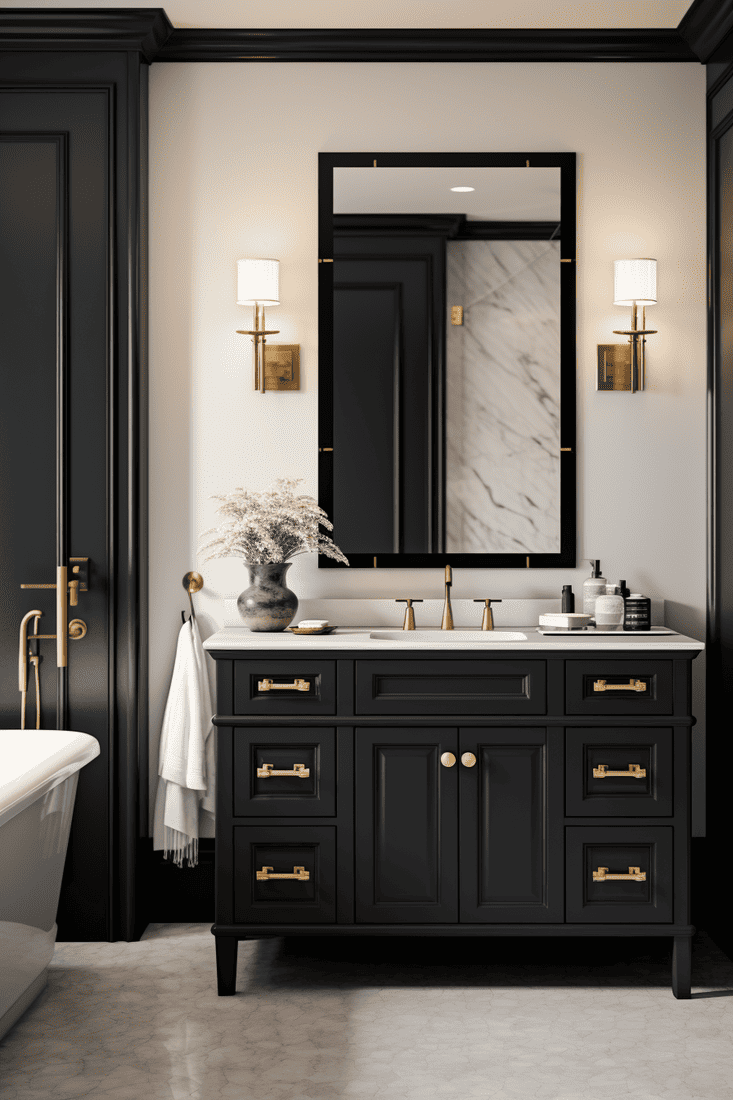 a hyperrealistic image of a bathroom with black fixtures paired with gold accents. Showcase a regal-looking sconce lighting, a gold faucet, and cabinet hardware, creating a luxurious atmosphere.